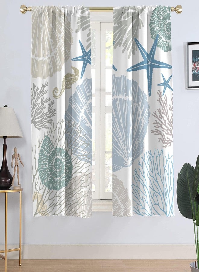 AAtter Coastal Window Curtain Nautical Beach Ocean Starfish Seashell Seahorse Conch Tropical Beachy Under The Sea Living Room Bedroom Drapes Treatment Fabric 1 Pair Home Decor, 42" W x 63" L, Modern - Image 1